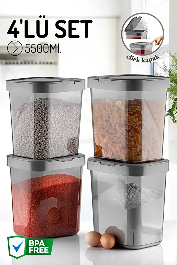 مجموعة من 4 حاويات تخزين كبيرة الحجم بغطاء قابل للنقر - لتخزين الطعام، البقالة، وتنظيمها - سعة 5500 مل. - 1