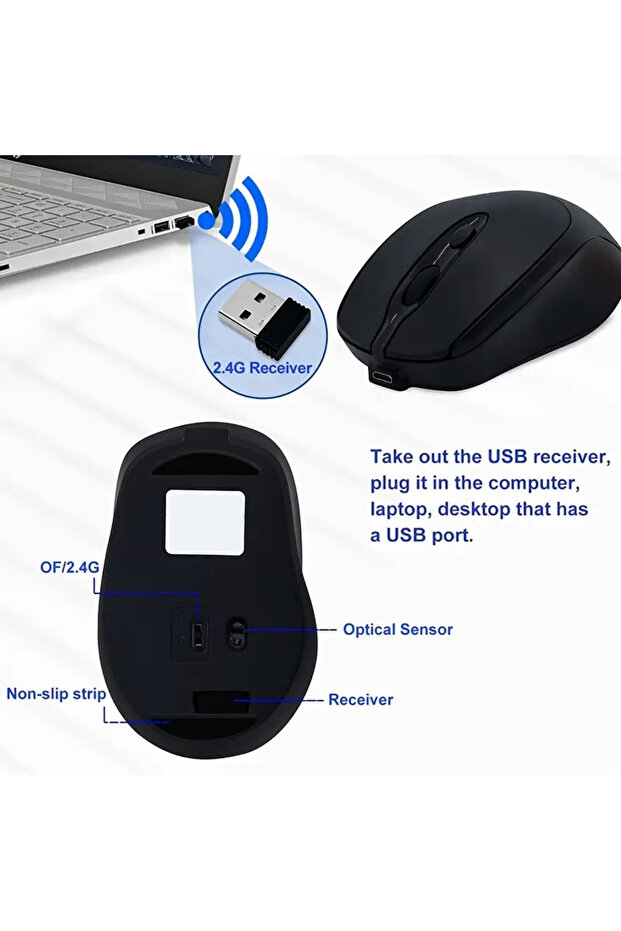 1200 DPI Şarjlı Bluetooth Kablosuz Mouse | Type-C Girişli, Sessiz, Siyah Wireless - 4