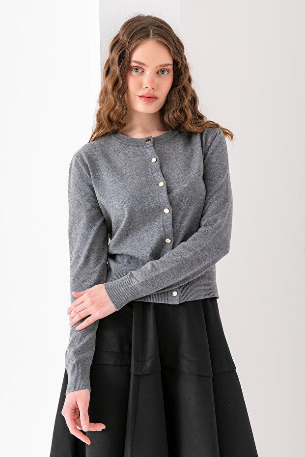 Buttoned Basic Knitwear Cardigan – Long Sleeve Round Neck Stylish Women's Model | Journal and Office Use