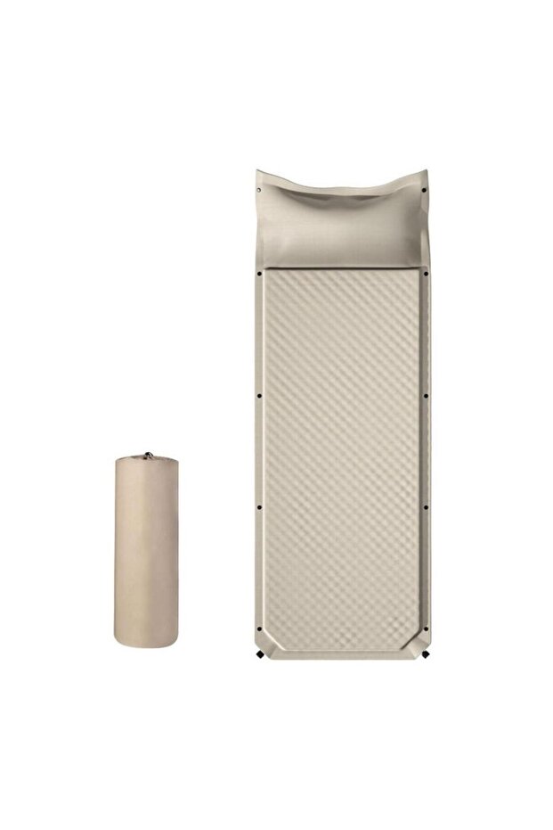 Self-Inflating Camping Sleeping Pad, Double-Layer Foam, Built-in Pillow, Water-Resistant, Beige