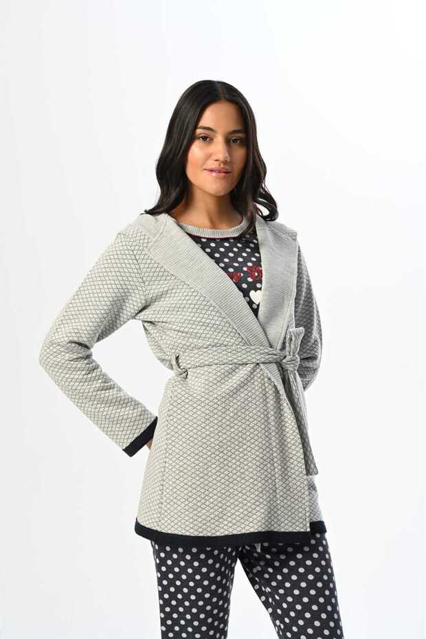 Women's Gray Jacquard Patterned Winter Special Design Dressing Gown Pajama Set