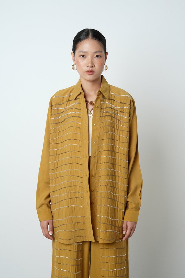 Women's Horizontal Stripe Stone Embroidered Solid Color Oversize Shirt