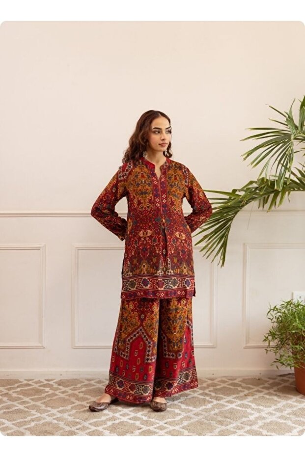 Rust & Maroon Ethnic Print Kurta Set