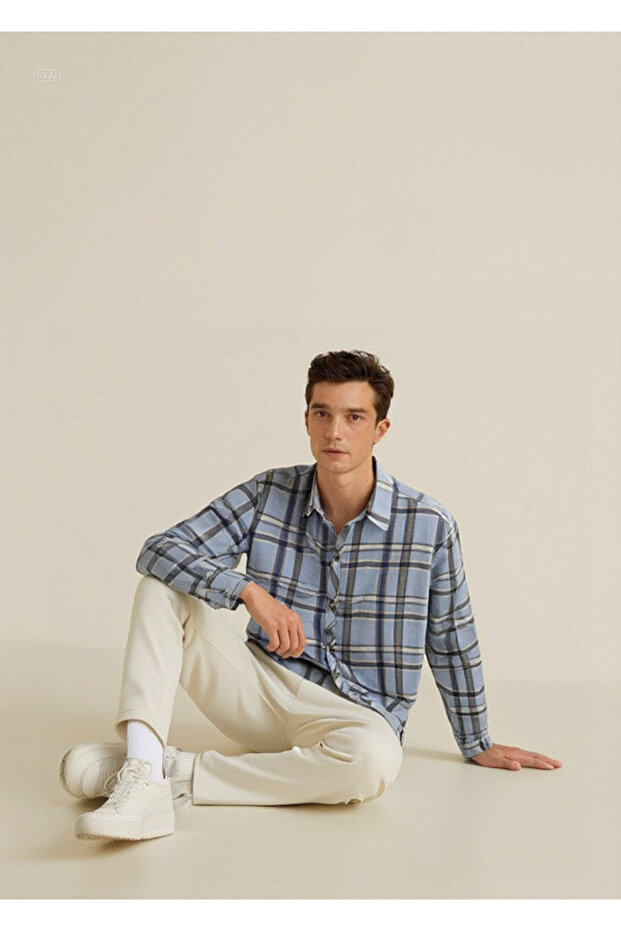 Men's Collared Long Sleeve Checked Linen Shirt 2450