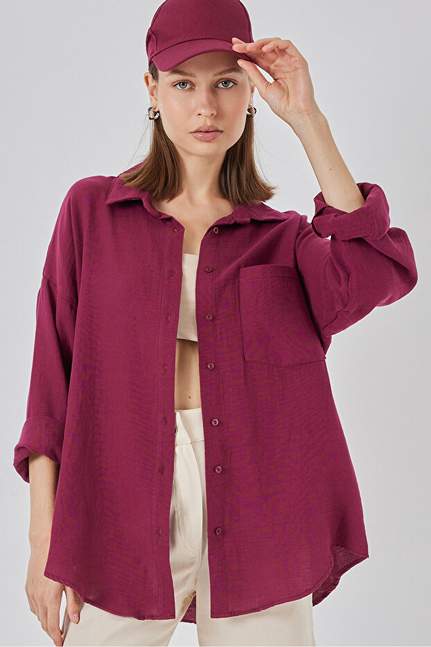 Kadın Tek Cepli Oversize Müslin Gömlek 20353 - Mürdüm - 4