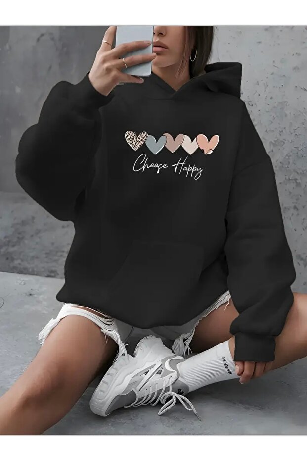 Choose Happy Printed Oversized Unisex Women/Men Hoodie Sweatshirt