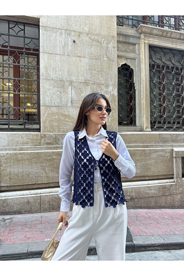 Hatunatila Floral Patterned Acrylic Sweater Vest 5196 - Navy Blue