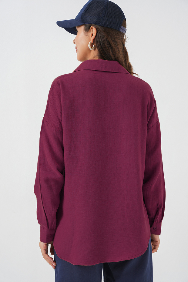 20153 Tek Cepli Oversize Keten Gömlek - Mürdüm - 3