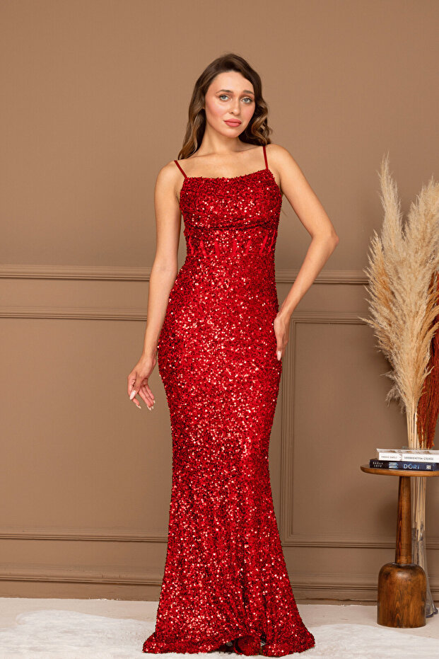 Sequin Sequined Long Evening Dress with Collar Strap - Red