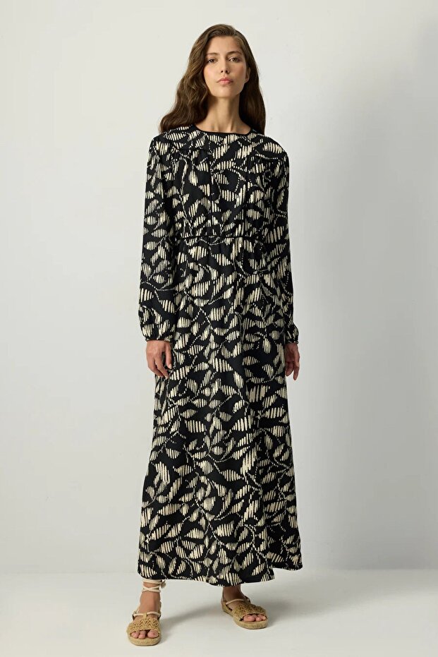 Kadın Siyah Yaprak Desenli Uzun Kollu Maxi Günlük ve Şık Elbise - Kadın Elbise - 1