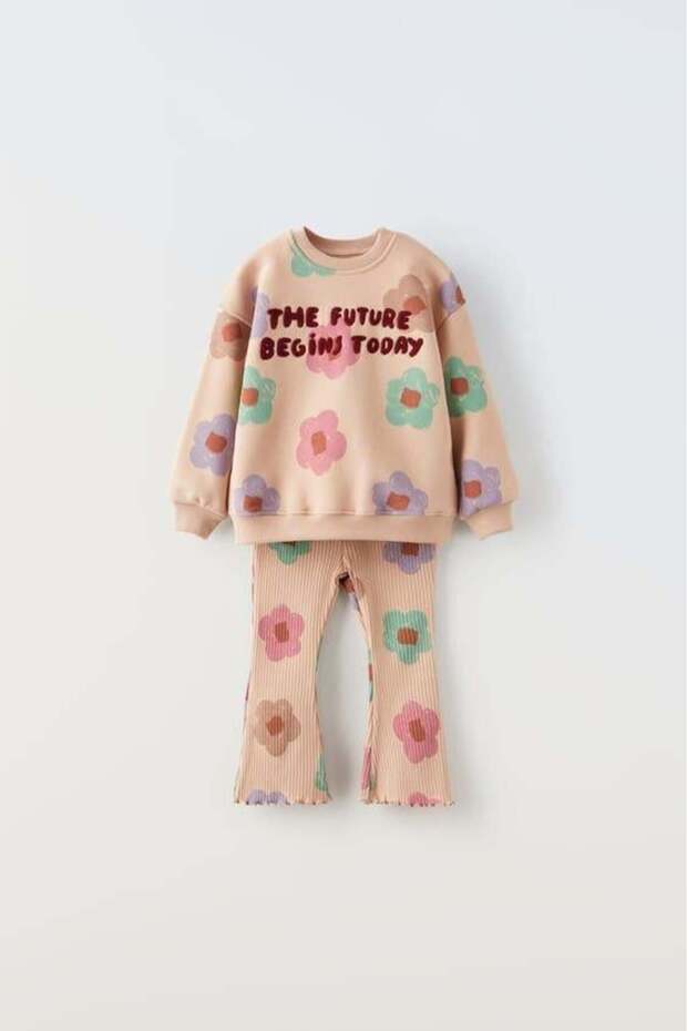 Girl's Cotton Beige Floral Patterned Sweatshirt and Sweatpants Set - with "The Future Begins Today" Slogan