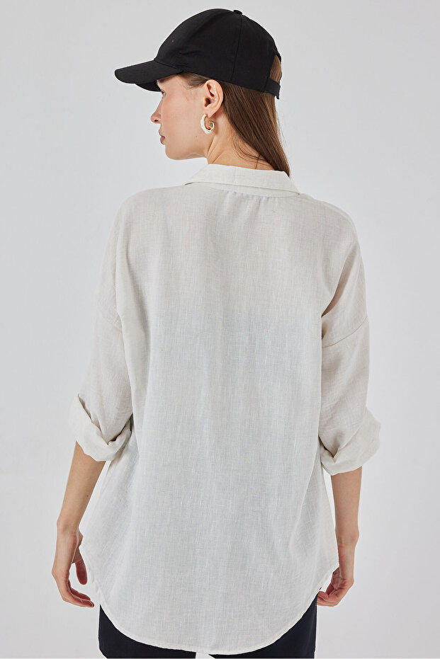 20153 Tek Cepli Oversize Keten Gömlek - Ekru - 5