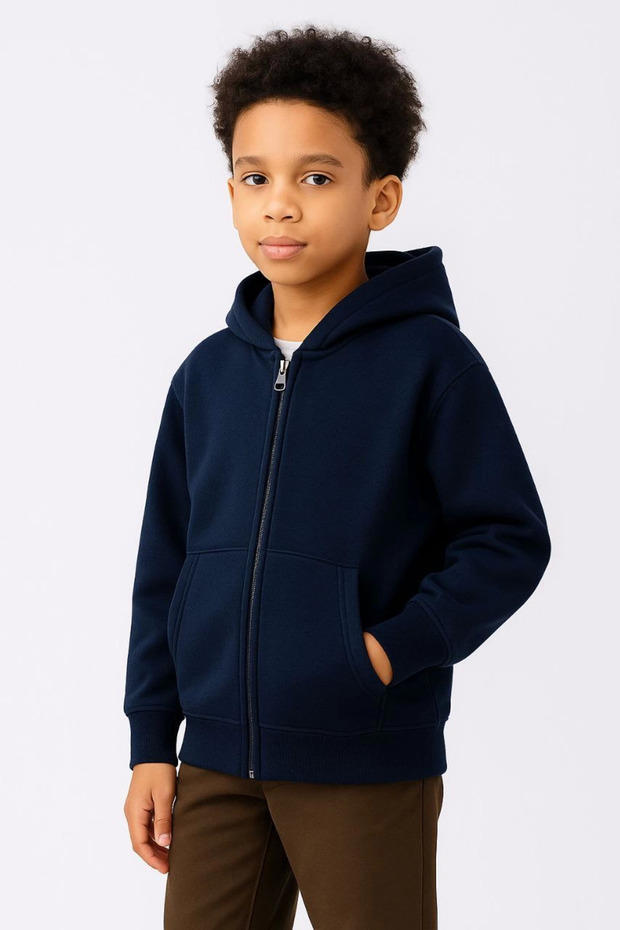 Boys' Hooded Cardigan Sweatshirt with Kangaroo Pocket and Full Zipper - Navy Blue