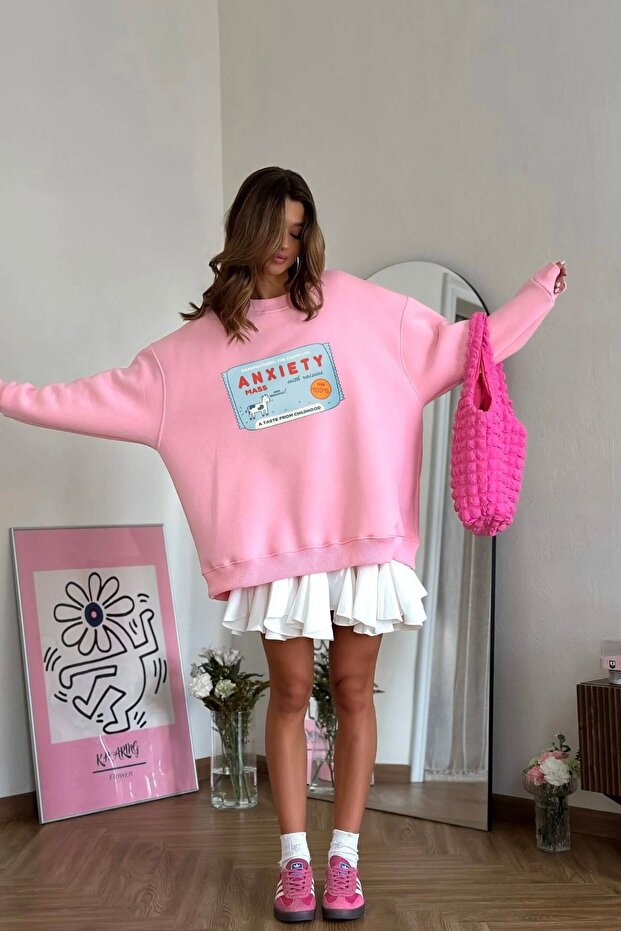 Women's Oversized Sweatshirt Dress Anxiety Bar Printed Pink – Crew Neck, 3-Thread Brushed Inside Fleece