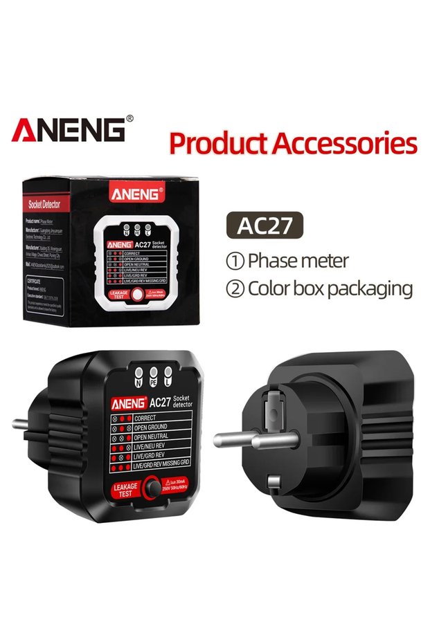 ANENG AC27 EU Plug(Black) Socket Tester Voltage Test ANENG AC27 Socket Detector Ground Zero Line Pol