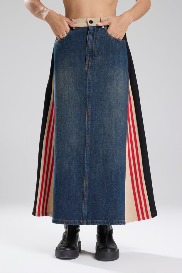 Women's Stripe Detailed Denim Garnished Design Long Skirt