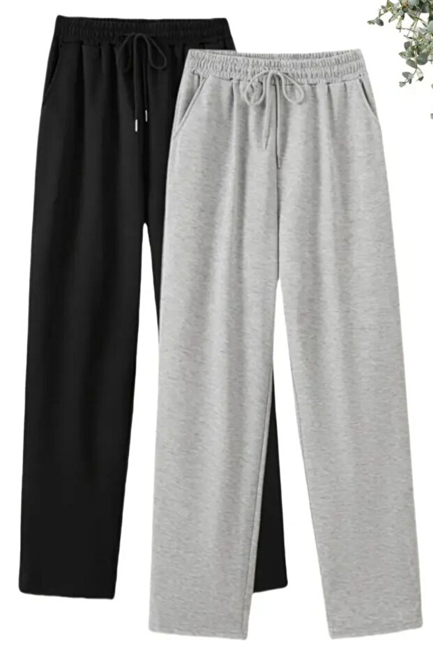 (2 Pieces) Wide-Leg Transitional Open-Hem Tracksuit Bottoms Black-Gray