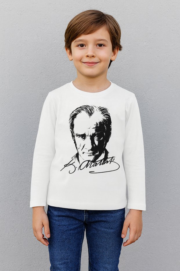 Children's White Long Sleeve Ataturk Printed T-Shirt - 100% Cotton