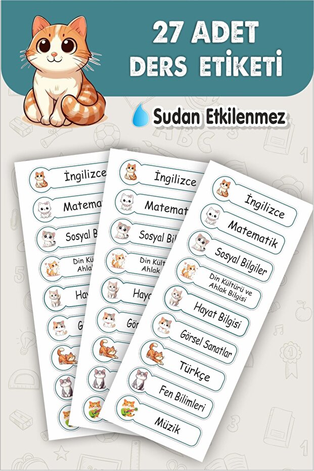 School Lesson Label Cute Cats 27 Pieces 8 cm School Lesson Label - Special New Design