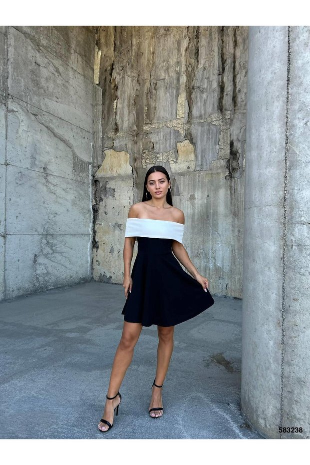 Flexible Crepe Fabric Degaje Collar Evening Dress Mini Dress 583238 Black
