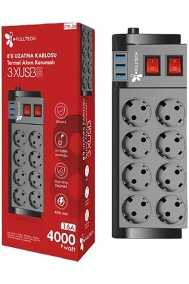 Polysight Surge Protected Socket, Durable, Child Protection, 8-Port Socket, Octuple, 3 Usb, 2 m High a - 1