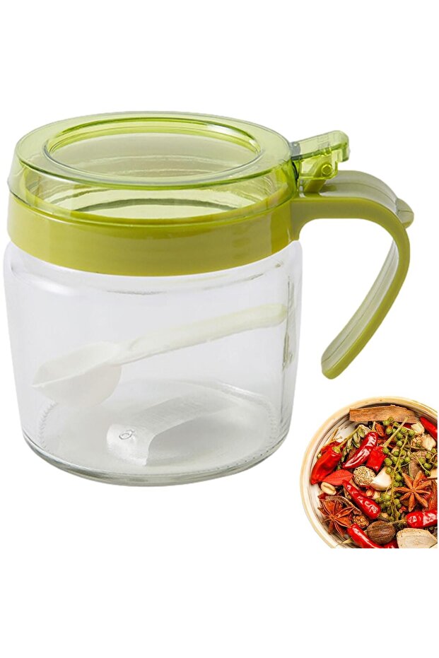 Condiment Container Flippy, Glass, 180 ml, with Handle and Spoon, Transparent Lid, Green - 7