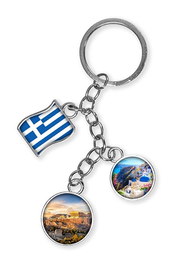 سلسلة مفاتيح معدنية ثلاثية الطبقات من اليونان، مصنوعة من الإيبوكسي، ذات وجهين، على شكل قطرة ماء
