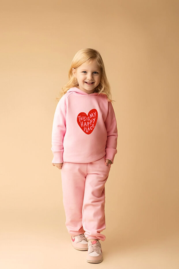 This Happy Printed Kids Hooded Premium Compact Sweatshirt Tracksuit Set - 2 Piece Sport Set