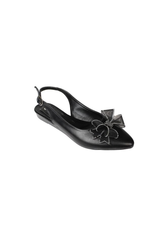 Yazkish Women's Black and White Leather Tulle Bow Front Closed Back Ballerinas
