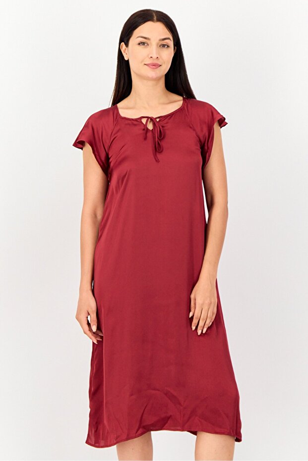 Women Solid Short Sleeves Sleeping Dress, Maroon