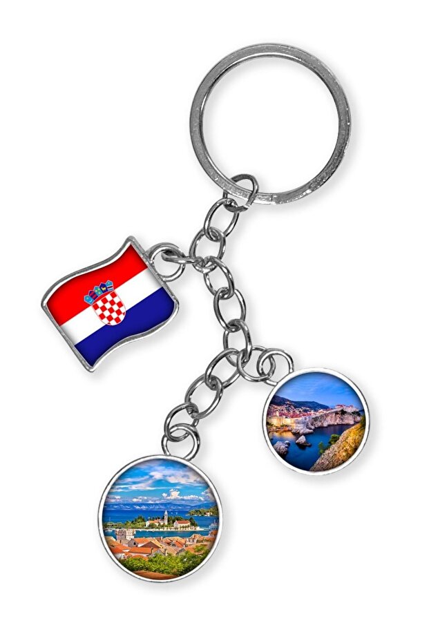Croatia Triple Epoxy Metal Double Sided Drop Keychain Croatia