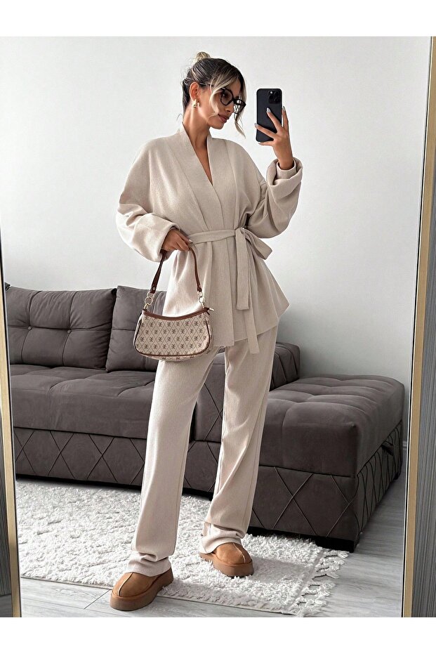 Women's Waffle Kimono Cotton Pajama Set Belted Long Sleeve Relaxed Fit