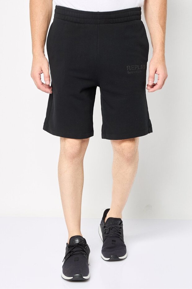 Men Drawstring Brand Logo Basic Shorts, Black - 1