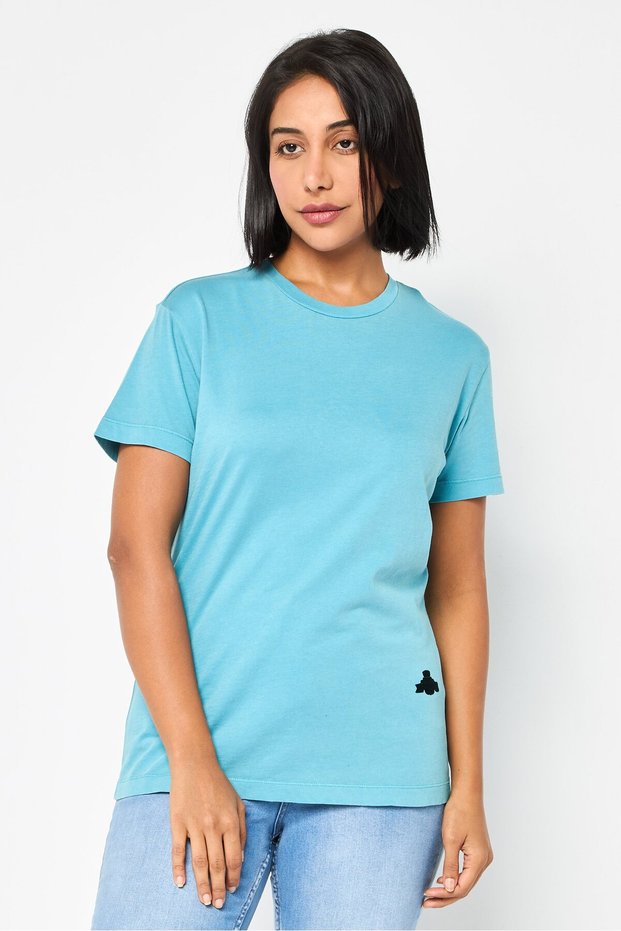 Women Crew Neck Short Sleeve Brand Logo Top, Powder Blue