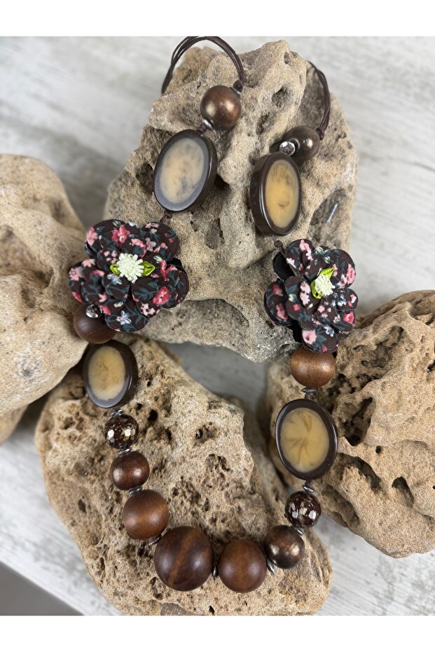 Kahve uzun çiçekli tasarım kolye - 4