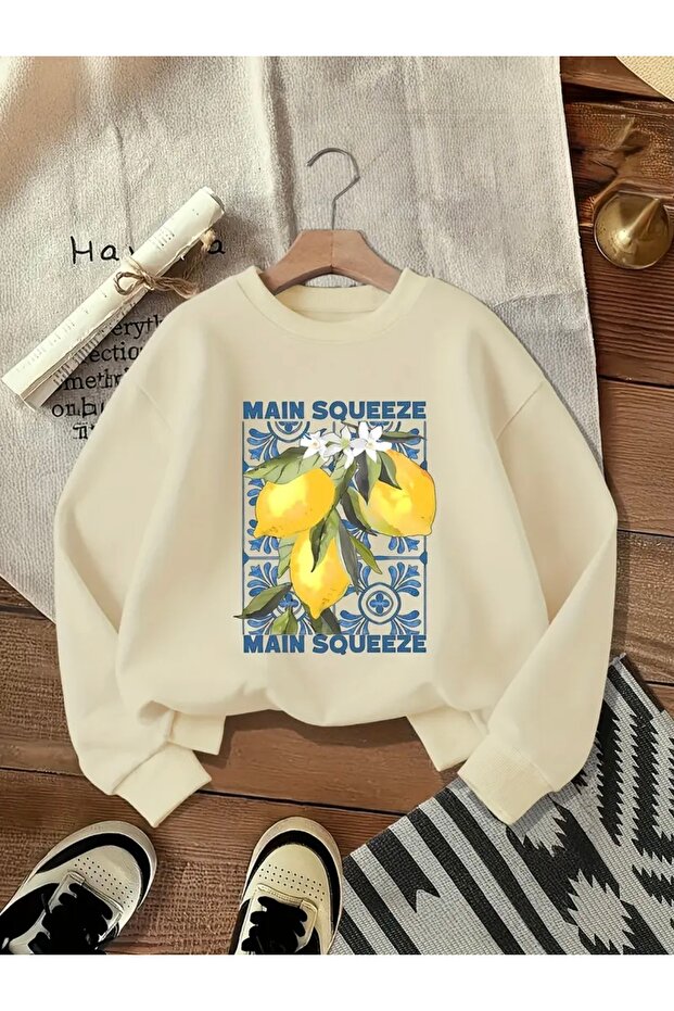 سويت شيرت MAİN SOUZE كبير الحجم مطبوع عليه ليمون للجنسين للنساء/الرجال برقبة دائرية