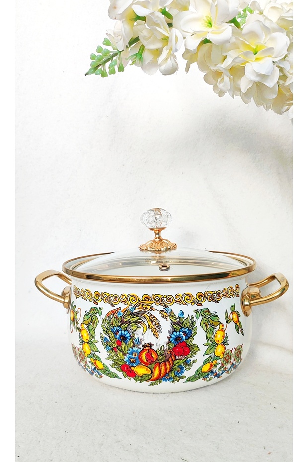 Pomegranate Lemon Enamel Lux Pot 2750 ml 20 cm Diameter Milk Yogurt Soup Jam Pot