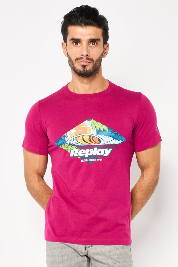 Men Crew Neck Short Sleeve Graphic Print T-Shirt, Dark Pink