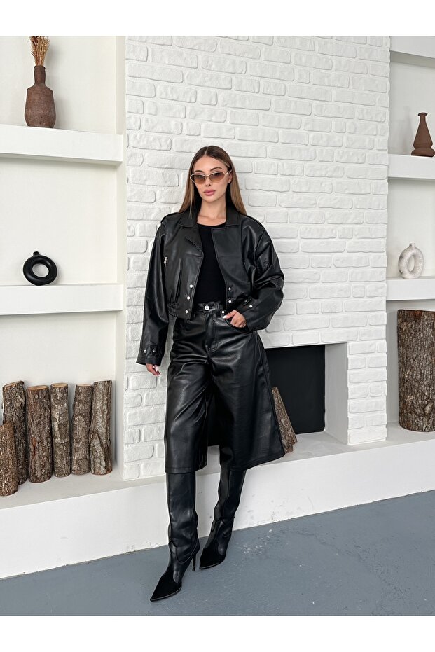 سترة جلدية مرنة مع أزرار سوداء - 3