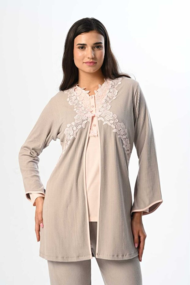 Women's Powder Striped Lace Winter Special Design Maternity Maternity Dressing Gown Pajama Set