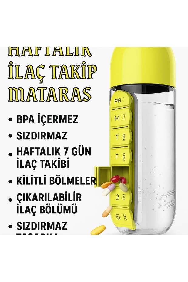 600 ml Built-In 7 Day Medicine Organizer Water Bottle 1 L Yellow Plastic Cn