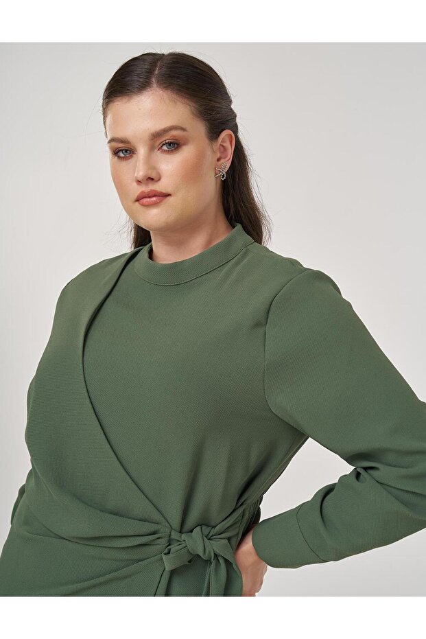 Drapeli Şık Elbise Orman Yeşili - 6