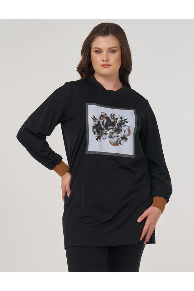 Görsel Baskılı Rayon Sweatshirt Siyah - 1