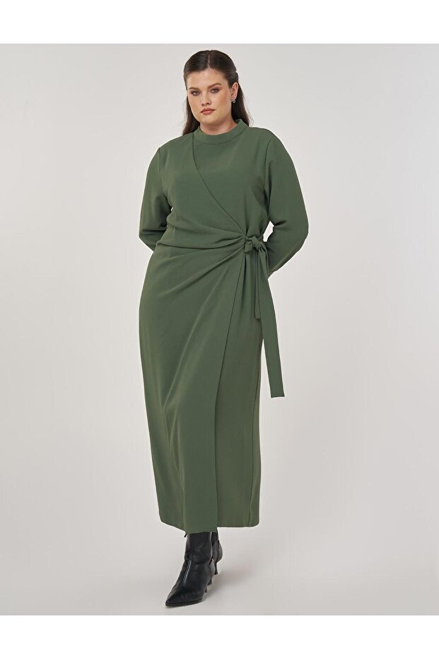 Drapeli Şık Elbise Orman Yeşili - 1
