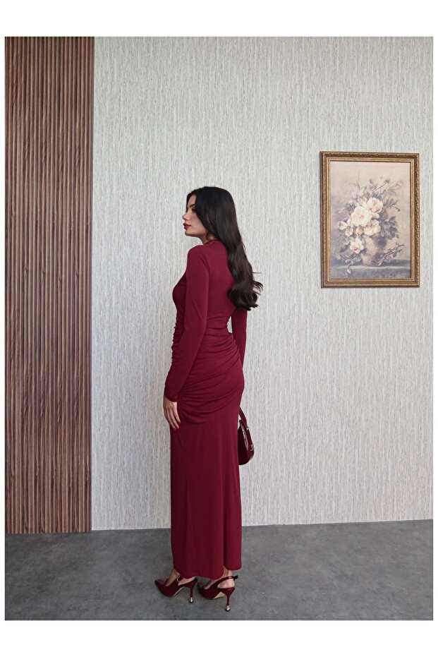 Uzun Kol Aksesuar Drapeli Maxi Elbise - 5
