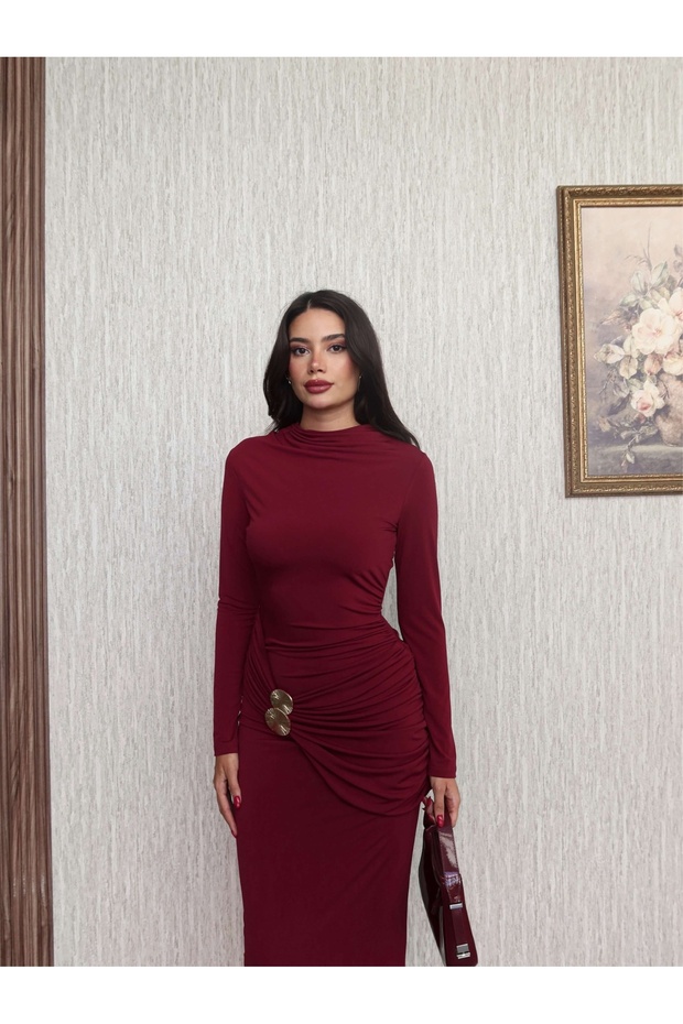 Uzun Kol Aksesuar Drapeli Maxi Elbise - 4