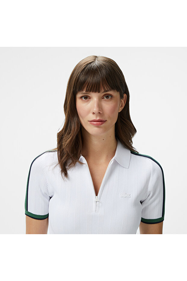 Kadın Slim Fit Kısa Kollu Yarım Fermuarlı Beyaz Triko - 2