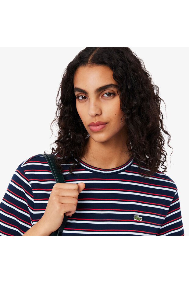 Kadın Regular Fit Bisiklet Yaka Çizgili Lacivert T-Shirt - 2