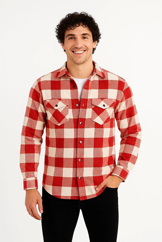 Men's Lumberjack Shirt Long Sleeve Plaid Pattern Regular Fit Cuffed Double - Red