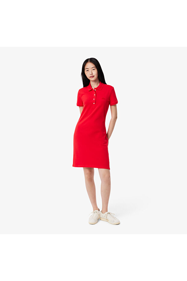 Kadın Slim Fit Kısa Kollu Polo Yaka Kırmızı Elbise - 1